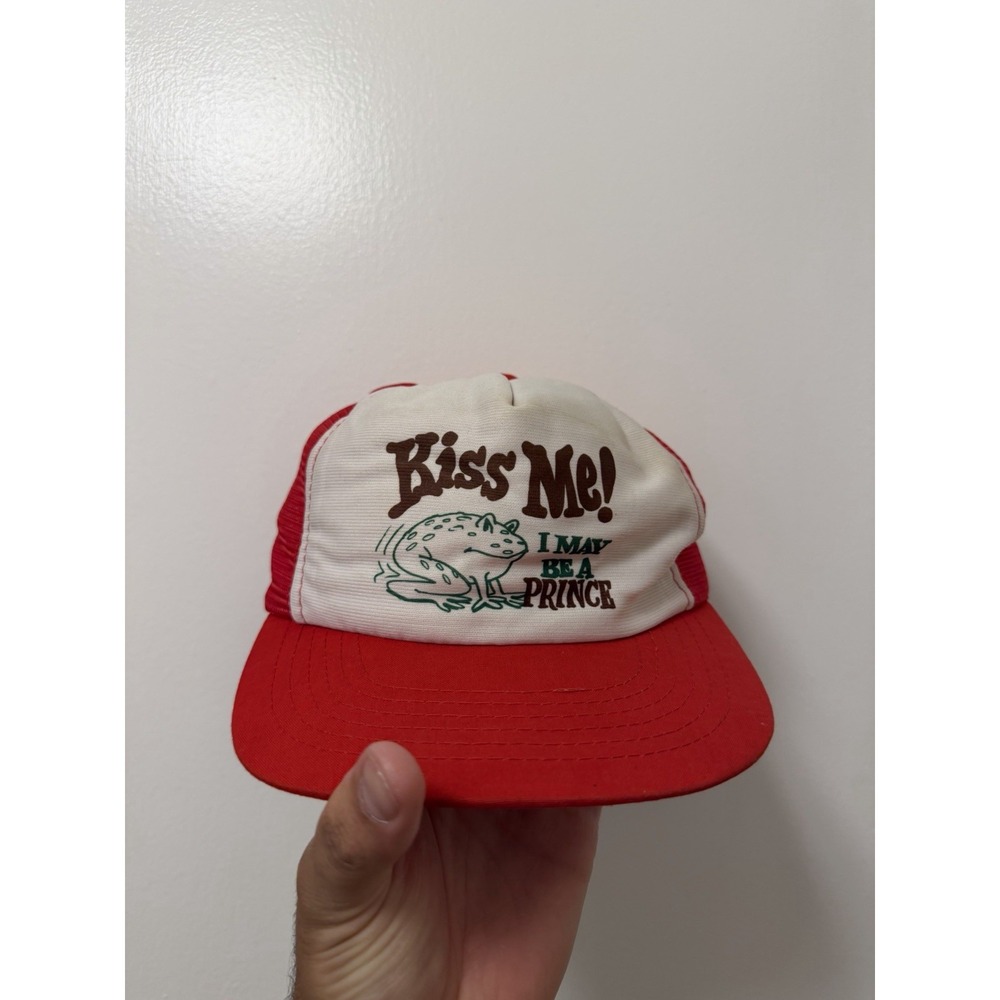 Vtg 80s Frog Kiss Me I May Be A Prince Red White Trucker Hat Biker Grunge Funny